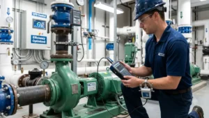 A technician from Gulf Coast Pump & Supply conducts a commercial pump efficiency audit in a mechanical room to reduce facility energy costs.