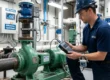 A technician from Gulf Coast Pump & Supply conducts a commercial pump efficiency audit in a mechanical room to reduce facility energy costs.