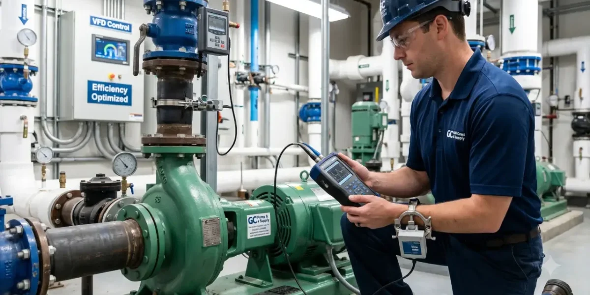 A technician from Gulf Coast Pump & Supply conducts a commercial pump efficiency audit in a mechanical room to reduce facility energy costs.
