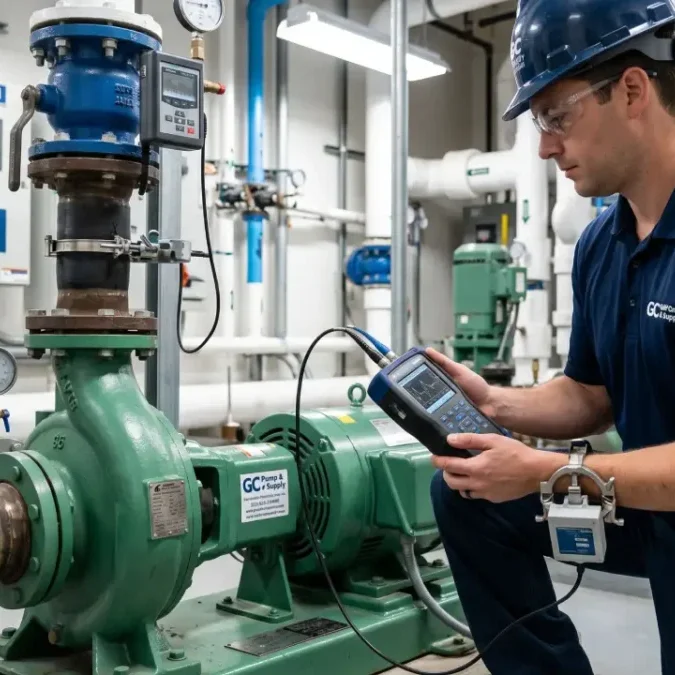 A technician from Gulf Coast Pump & Supply conducts a commercial pump efficiency audit in a mechanical room to reduce facility energy costs.